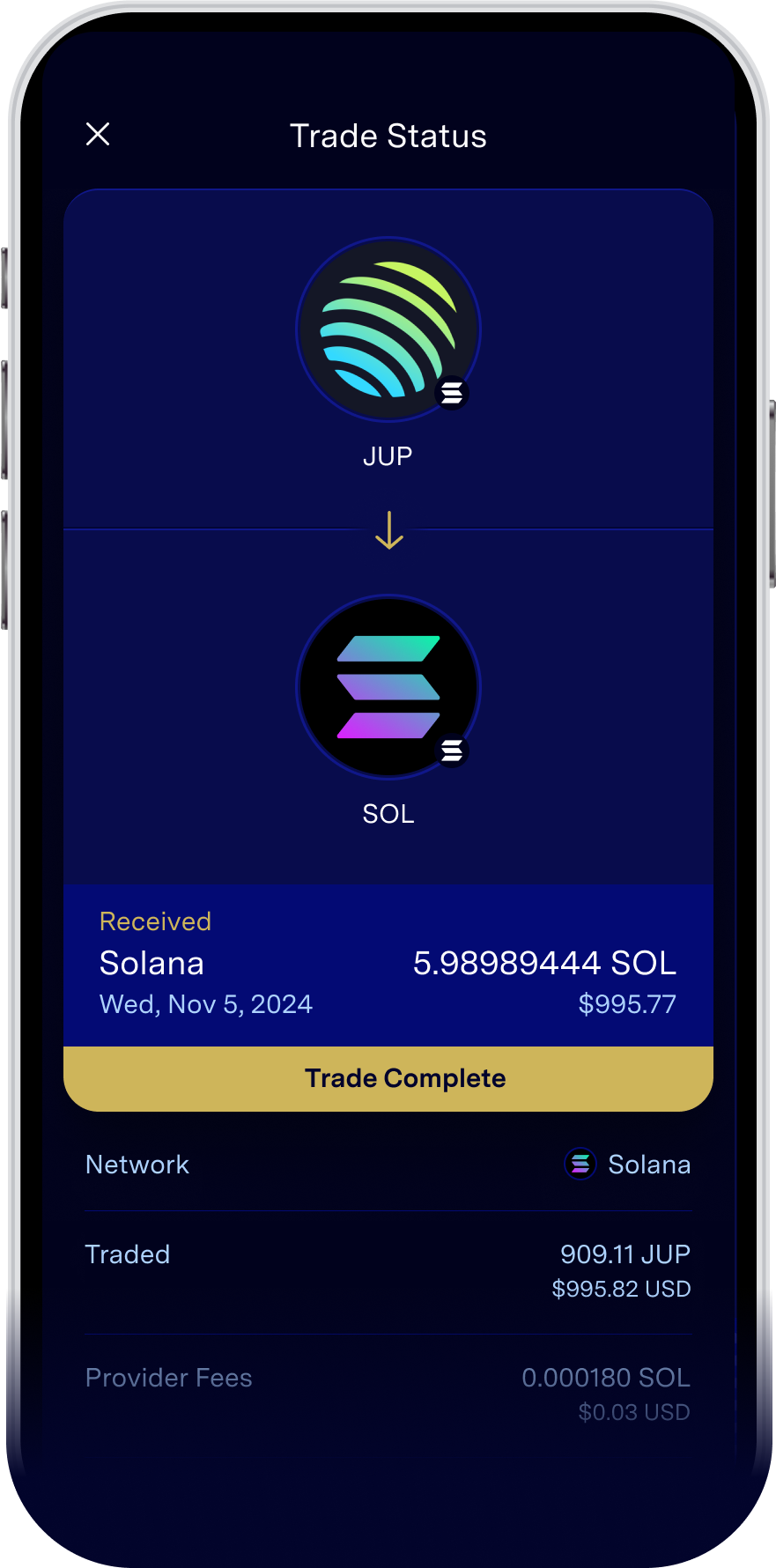 Solana trade confirmation screen