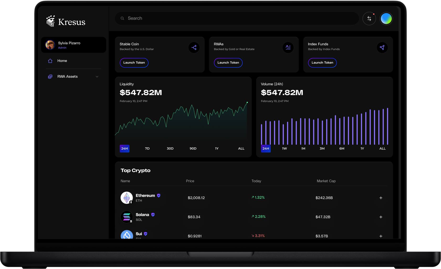 Laptop screen showing Kresus enterprise dashboard.