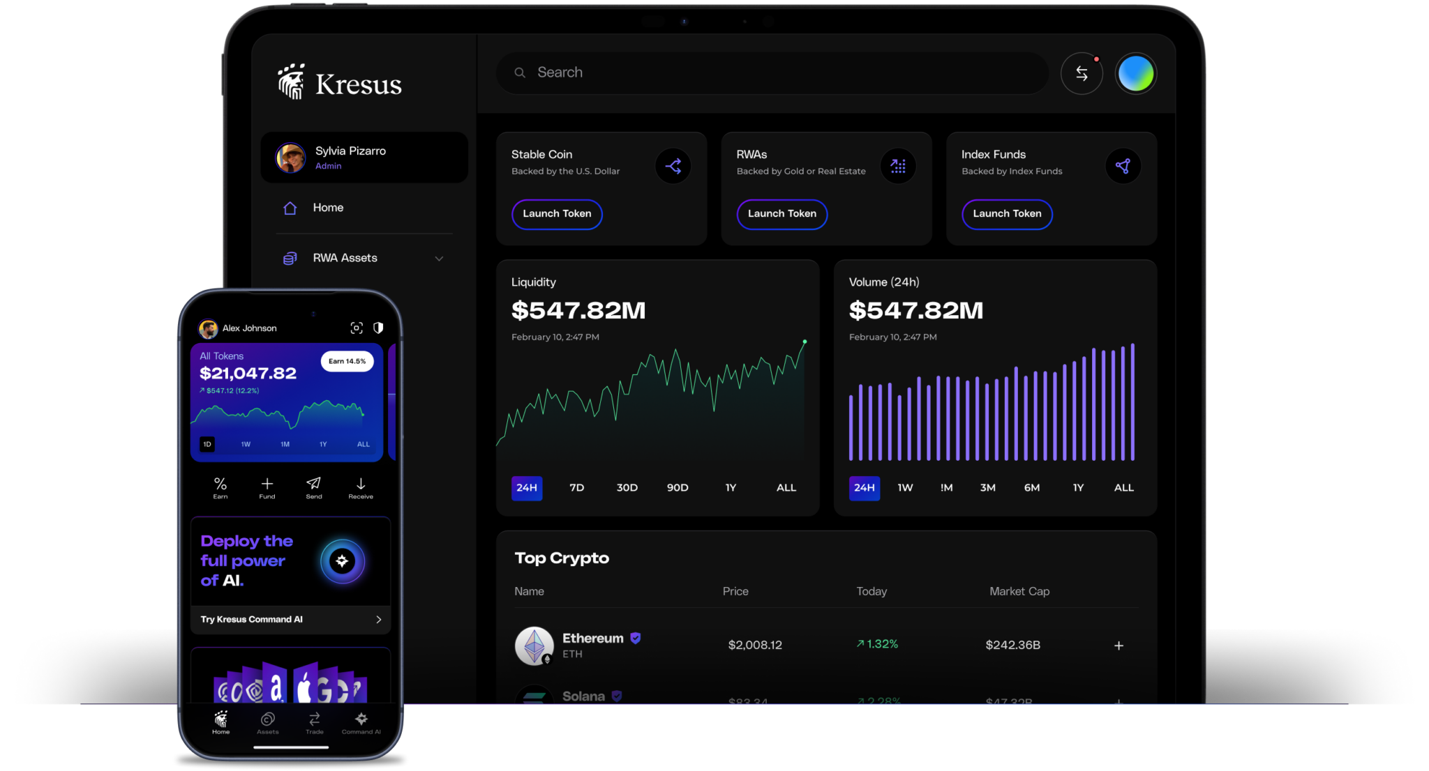Image showing enterprise desktop admin area and Kresus consumer app on mobile.