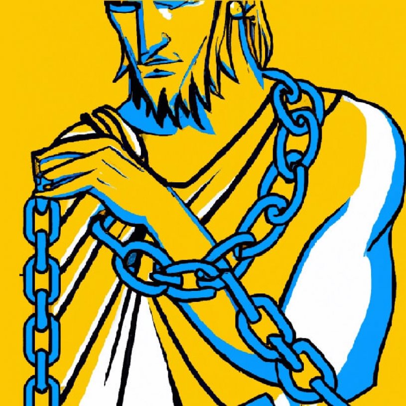 blue-and-yellow-grpahic-image-of-a-greek-god-holding-chains